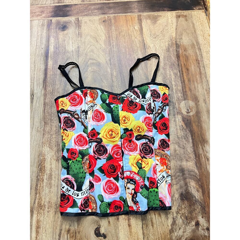 Hell Bunny Women's Multicolor Rose Floral Print Gothic Corset Top Size Medium - Picture 2 of 4